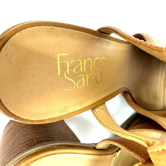 Franco Sarto size 7.5 leather brown chunky heels strap back open toe - Picture 7 of 8